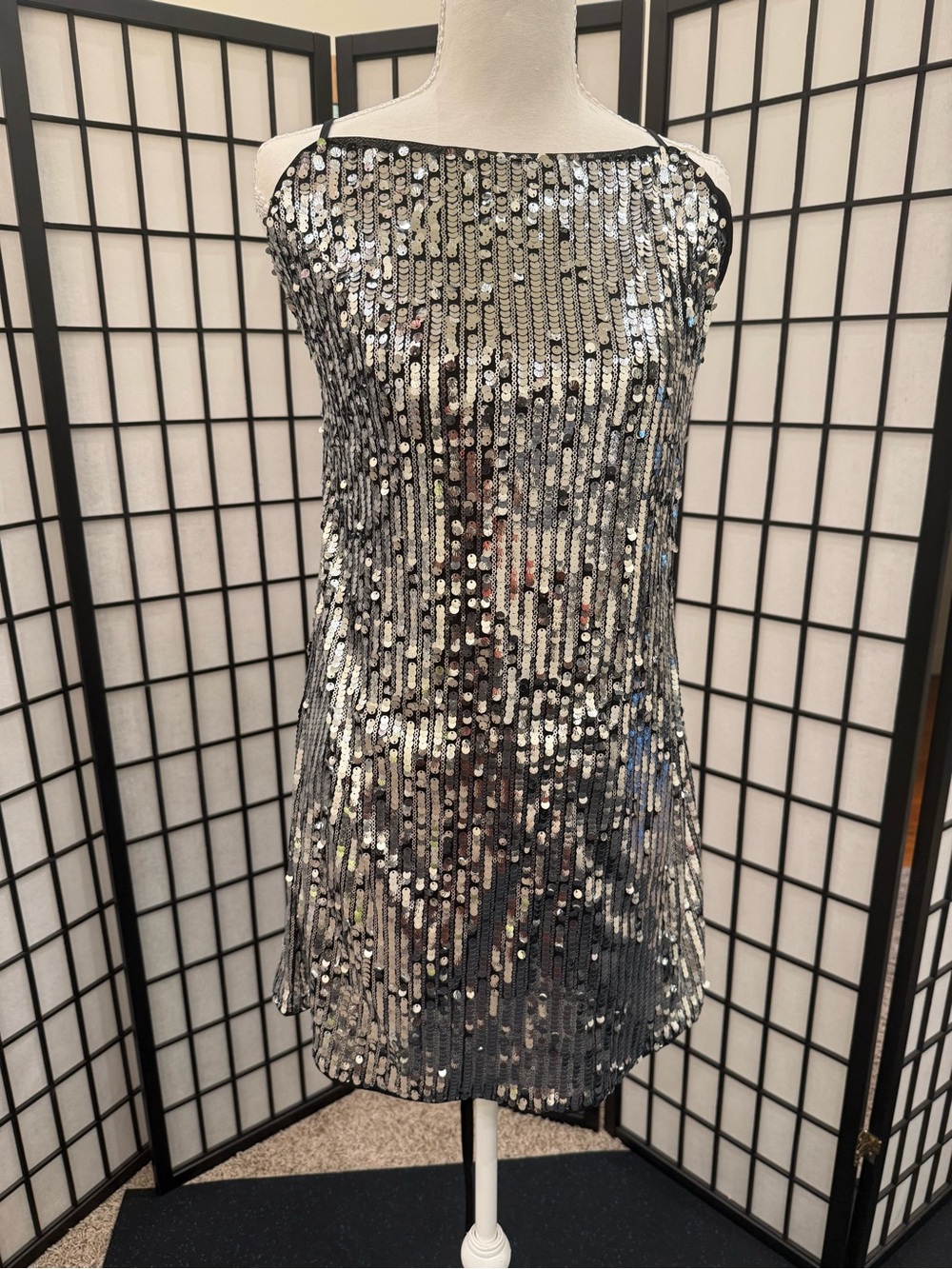 H&M Silver Sequin Backless Slip Dress with Black Straps